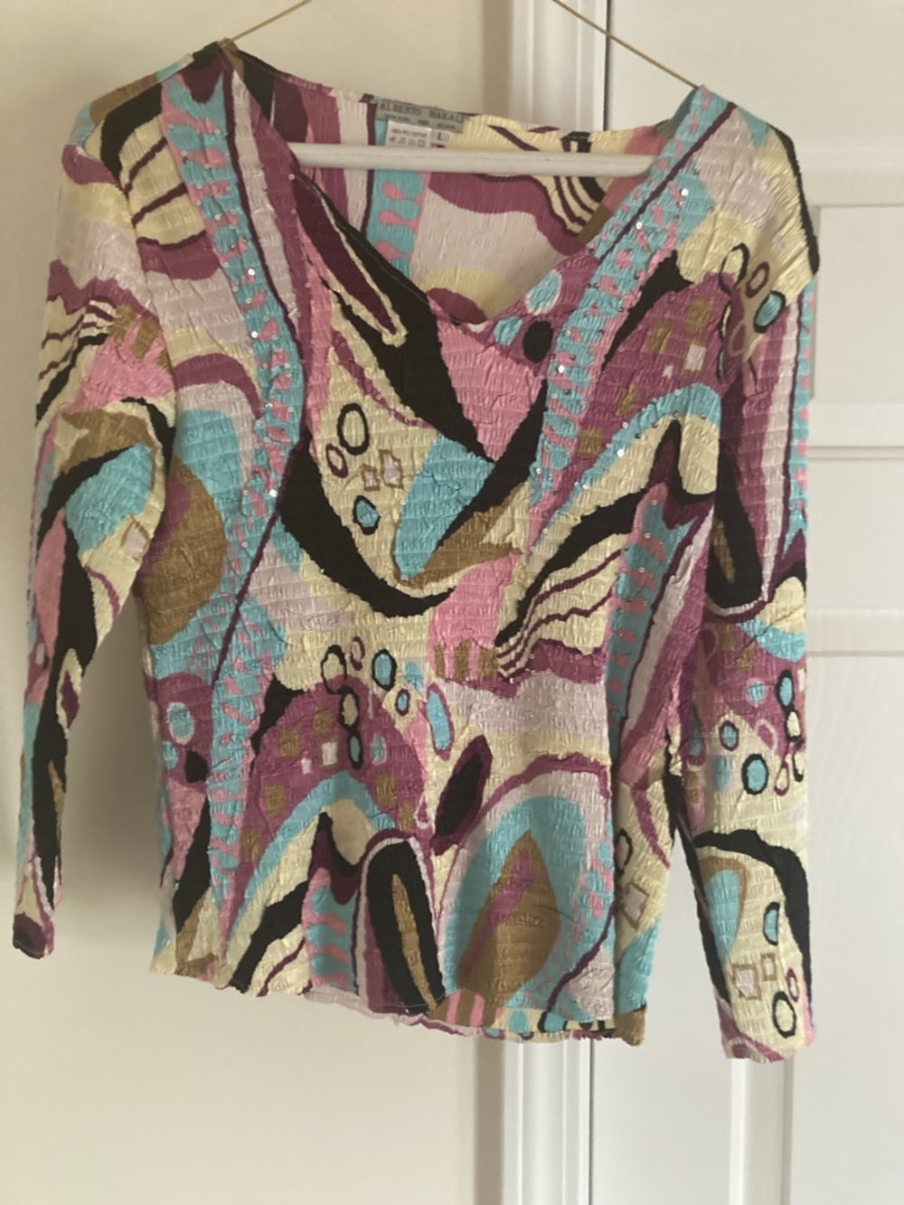 Pucci inspired  V-Neck Top in Pink & Aqua - front has a few sparkly bits